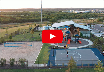 Birds eye view of the TRACE sport courts and pool.